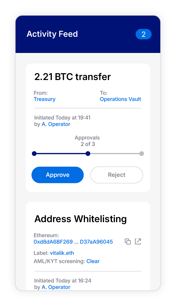 FortVault mobile — activity feed and approvals